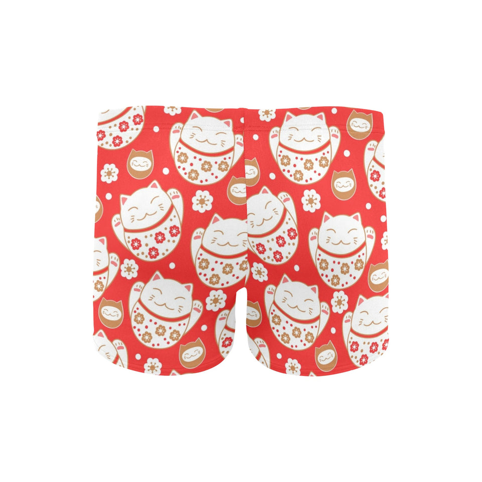 Cute Maneki neko cat red background Men's Swimming Trunks