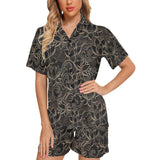 luxurious gold lotus waterlily black background Women's V-Neck Short Pajama Set