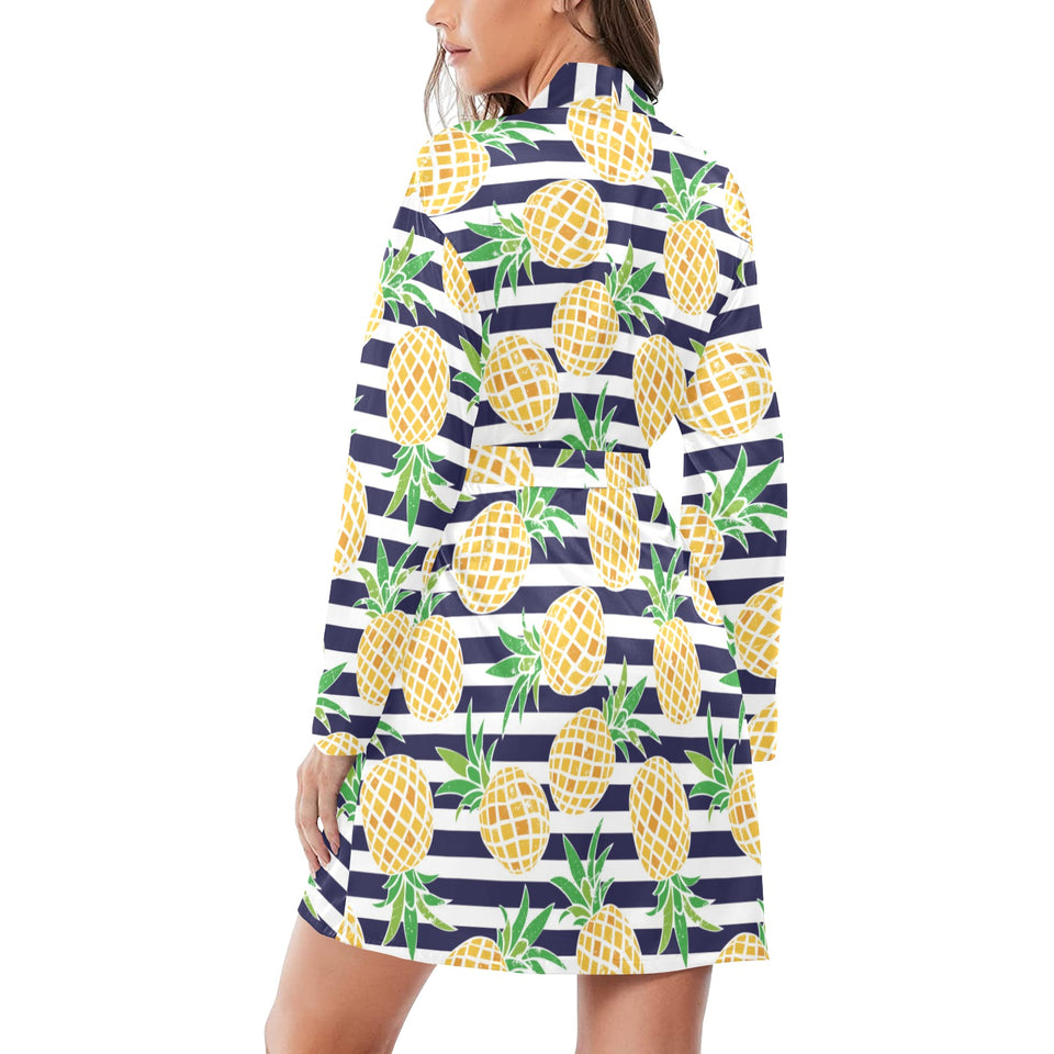 Pineapples pattern striped background Women's Long Sleeve Belted Night Robe
