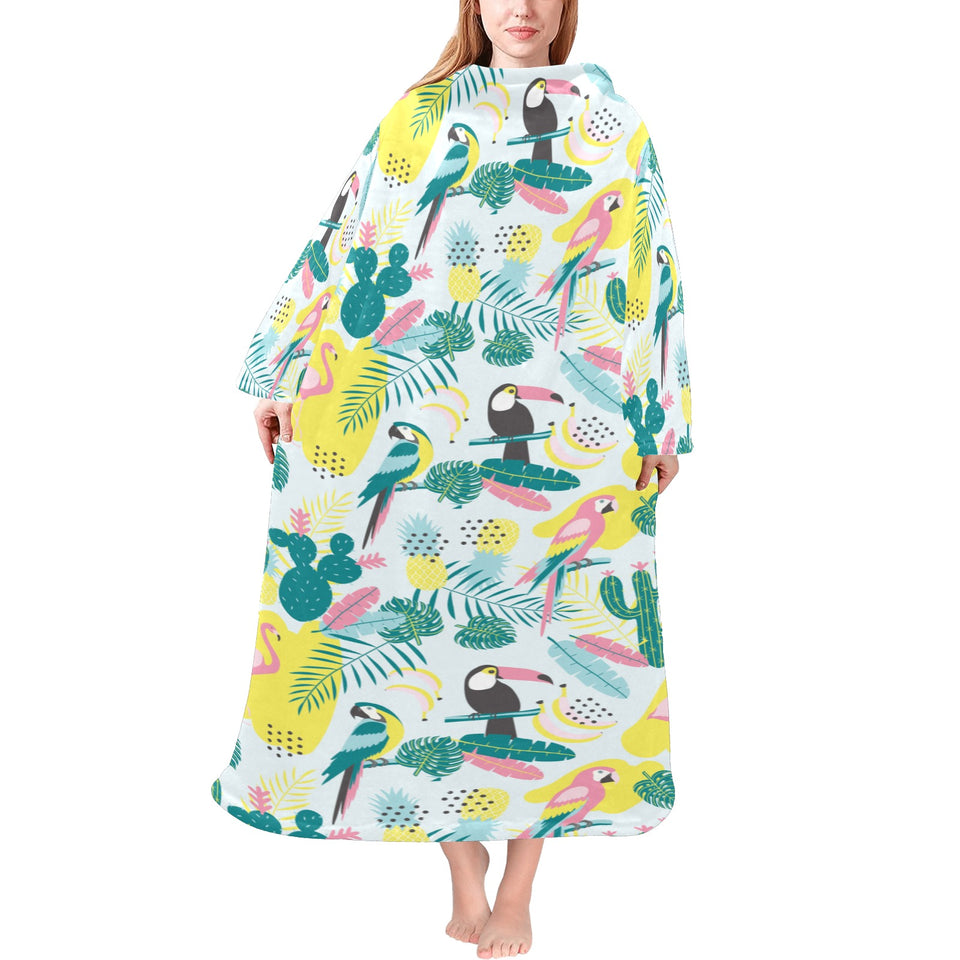 Cute parrot toucan flamingo cactus exotic leaves p Blanket Robe with Sleeves