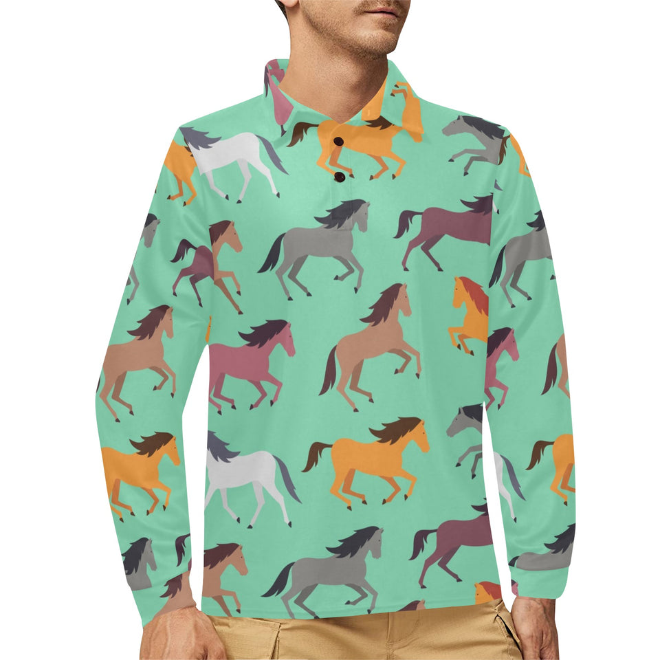 Colorful horses pattern Men's Long Sleeve Polo Shirt