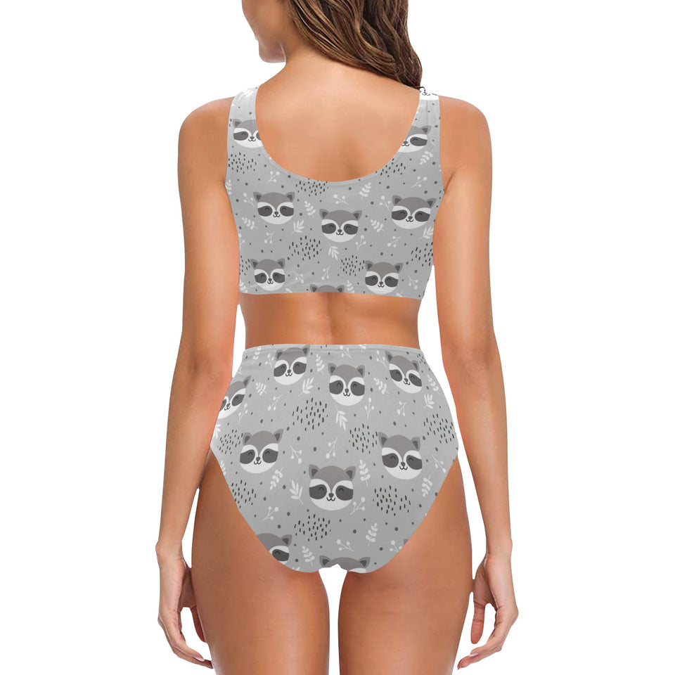 Cute raccoons leaves dot Chest Bowknot High Waisted Bikini Swimsuit