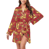 Saxophone cornet pattern red background Women's Long Sleeve Belted Night Robe
