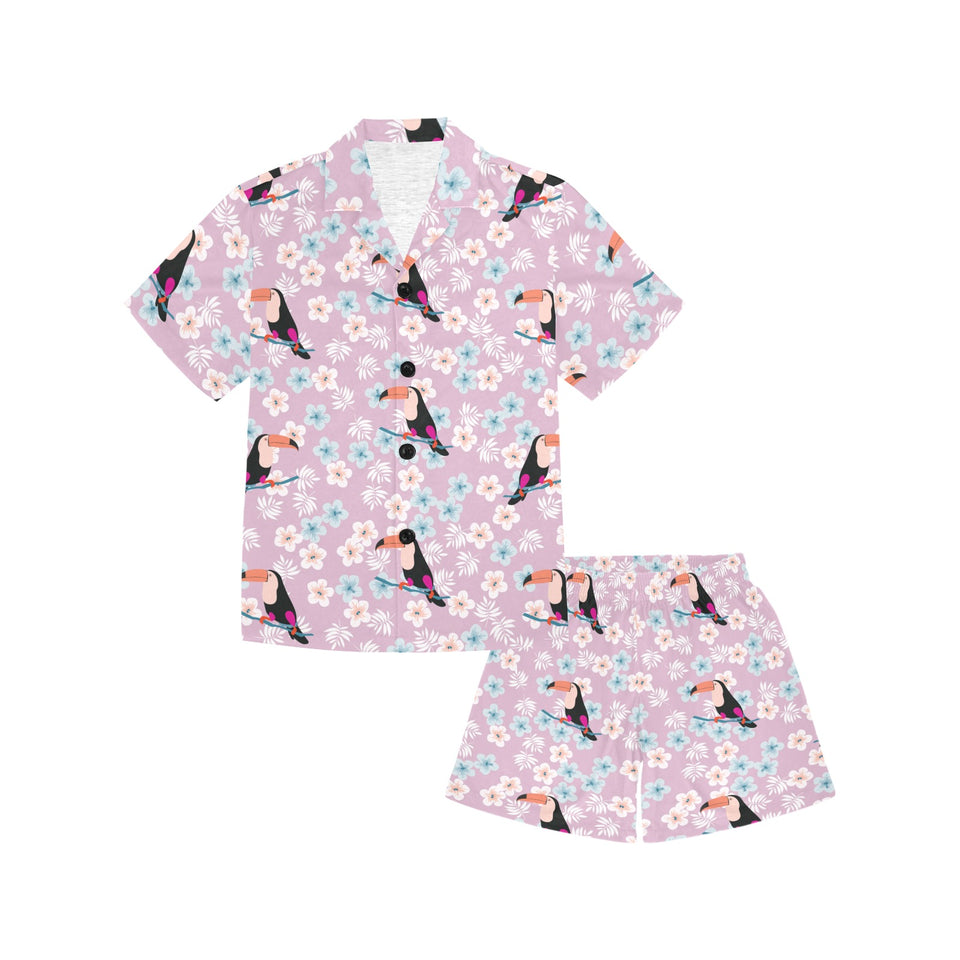 Beautiful toucan flower leaves Kids' Boys' Girls' V-Neck Short Pajama Set
