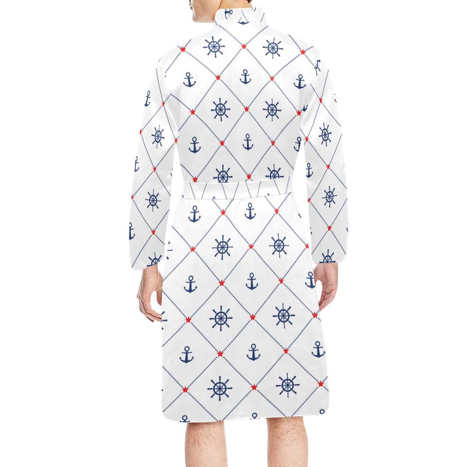 Anchor rudder nautical design pattern Men's Long Sleeve Belted Night Robe
