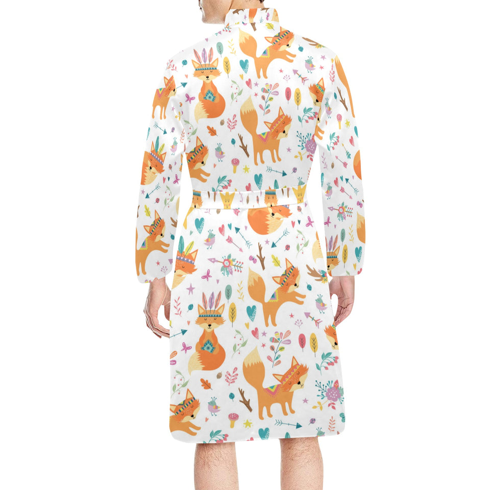 cute tribal fox pattern Men's Long Sleeve Belted Night Robe