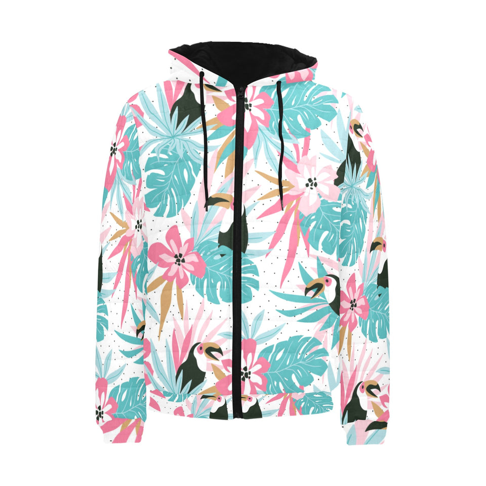 Toucan tropical flower leave pattern Men's Padded Hooded Jacket