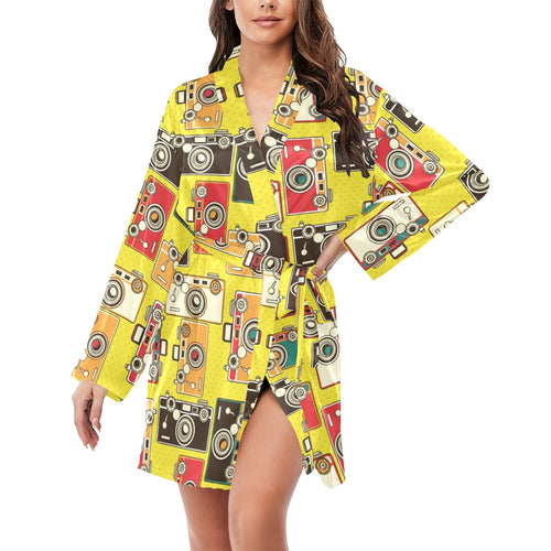 Camera Pattern Print Design 02 Women's Long Sleeve Belted Night Robe