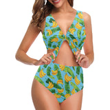 banana leaves banana design pattern Chest Bowknot High Waisted Bikini Swimsuit