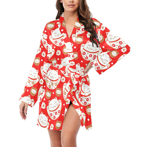 Cute Maneki neko cat red background Women's Long Sleeve Belted Night Robe