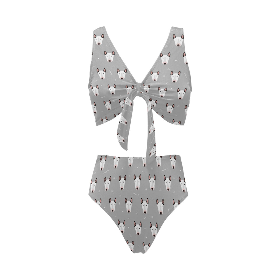 Bull Terrier Pattern Print Design 05 Chest Bowknot High Waisted Bikini Swimsuit