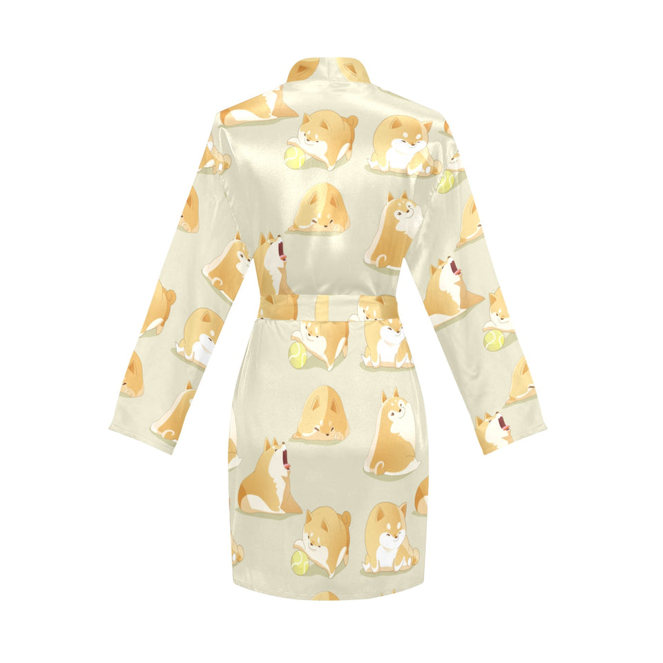 Cute fat shiba inu dog pattern Women's Long Sleeve Belted Night Robe