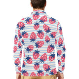 Strawberry pattern blue lines background Men's Long Sleeve Polo Shirt