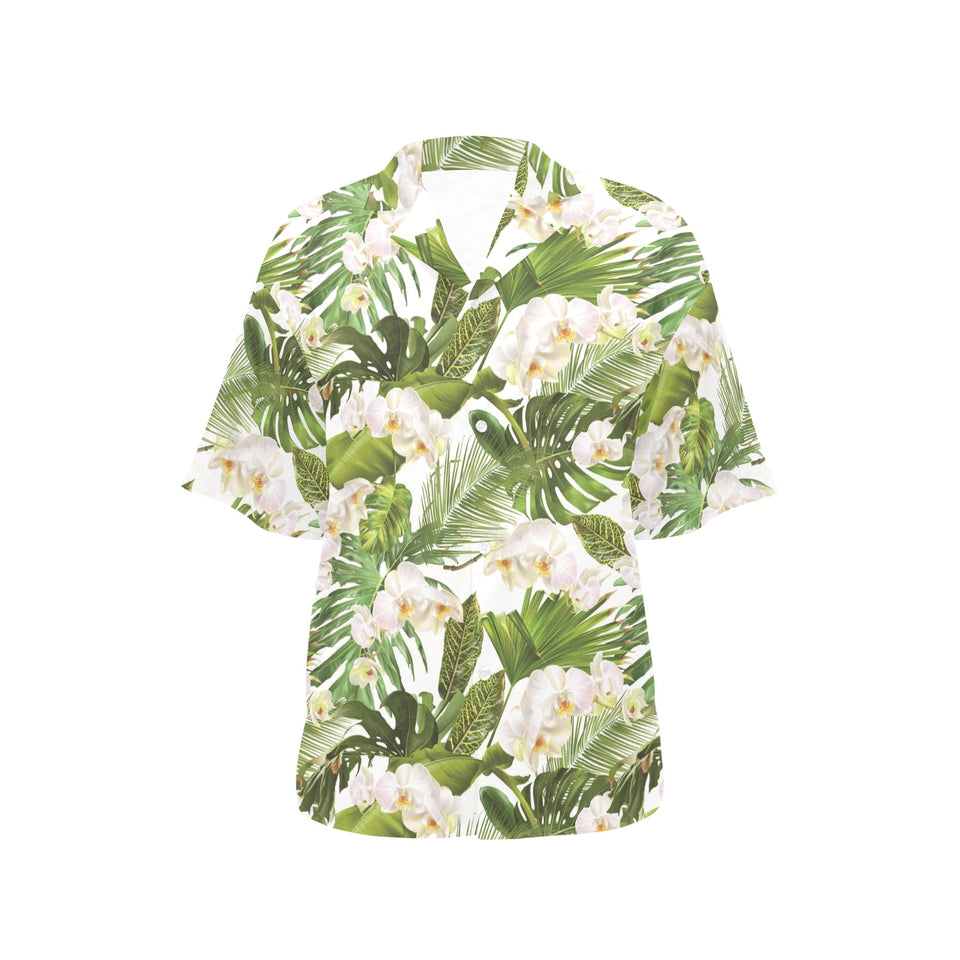 White orchid flower tropical leaves pattern Women's All Over Print Hawaiian Shirt