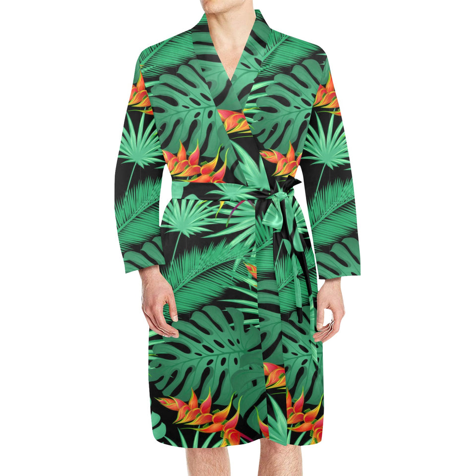 heliconia flower palm monstera leaves black backgr Men's Long Sleeve Belted Night Robe