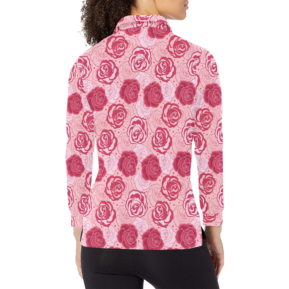 Rose Pattern Print Design 02 Women's Long Sleeve Polo Shirt