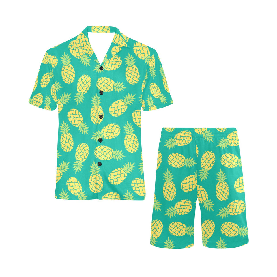 Pineapples pattern green background Men's V-Neck Short Pajama Set