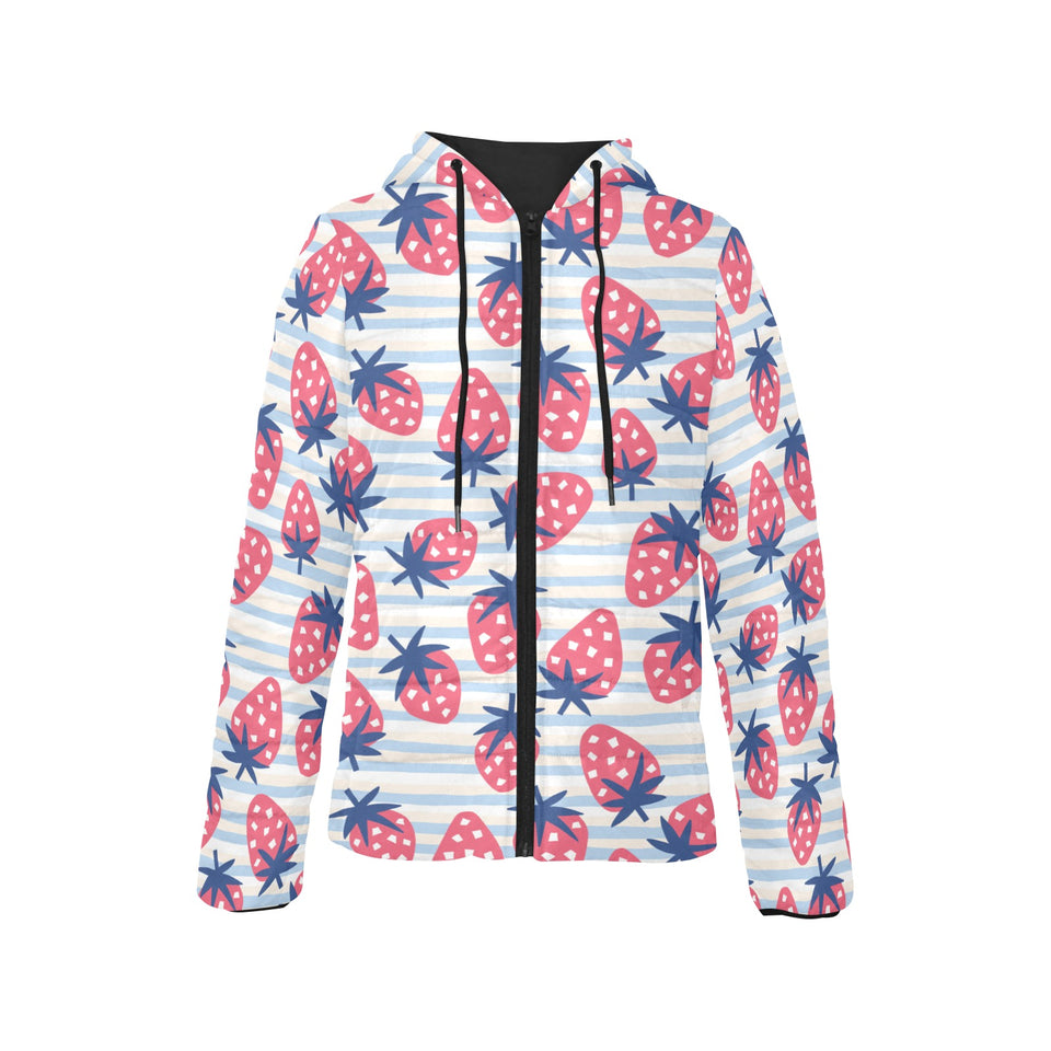 Strawberry pattern blue lines background Women's Padded Hooded Jacket