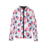 Strawberry pattern blue lines background Women's Padded Hooded Jacket
