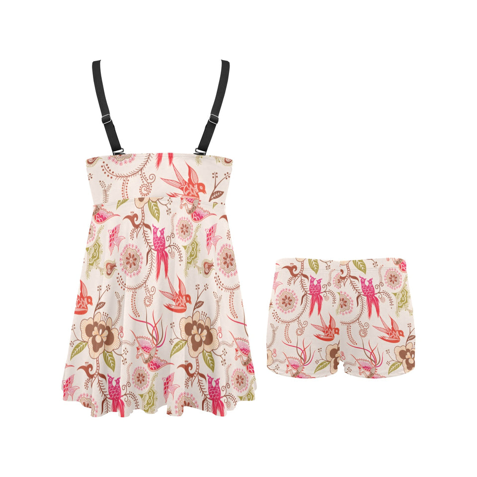 Swallow Pattern Print Design 01 Chest Sexy Pleated Two Piece Swim Dress
