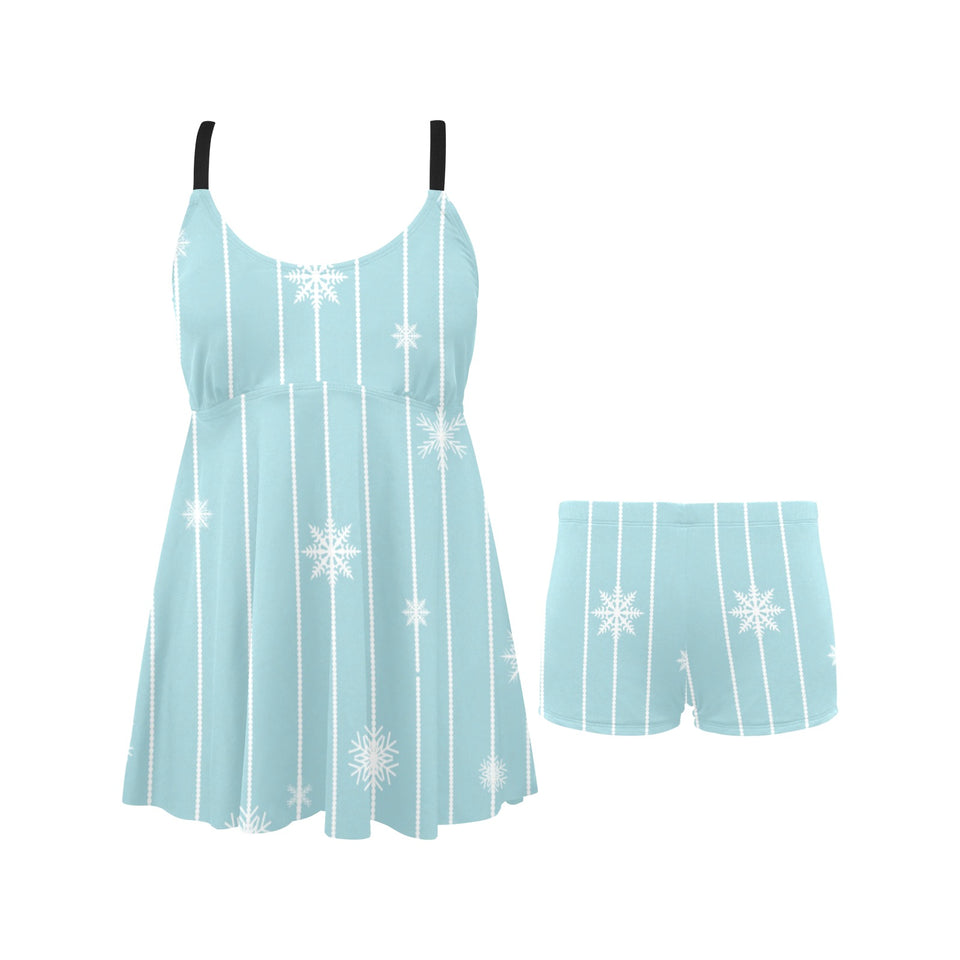 Snowflake pattern blue stripe background Chest Sexy Pleated Two Piece Swim Dress