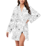 Spider web cobweb pattern white background Women's Long Sleeve Belted Night Robe