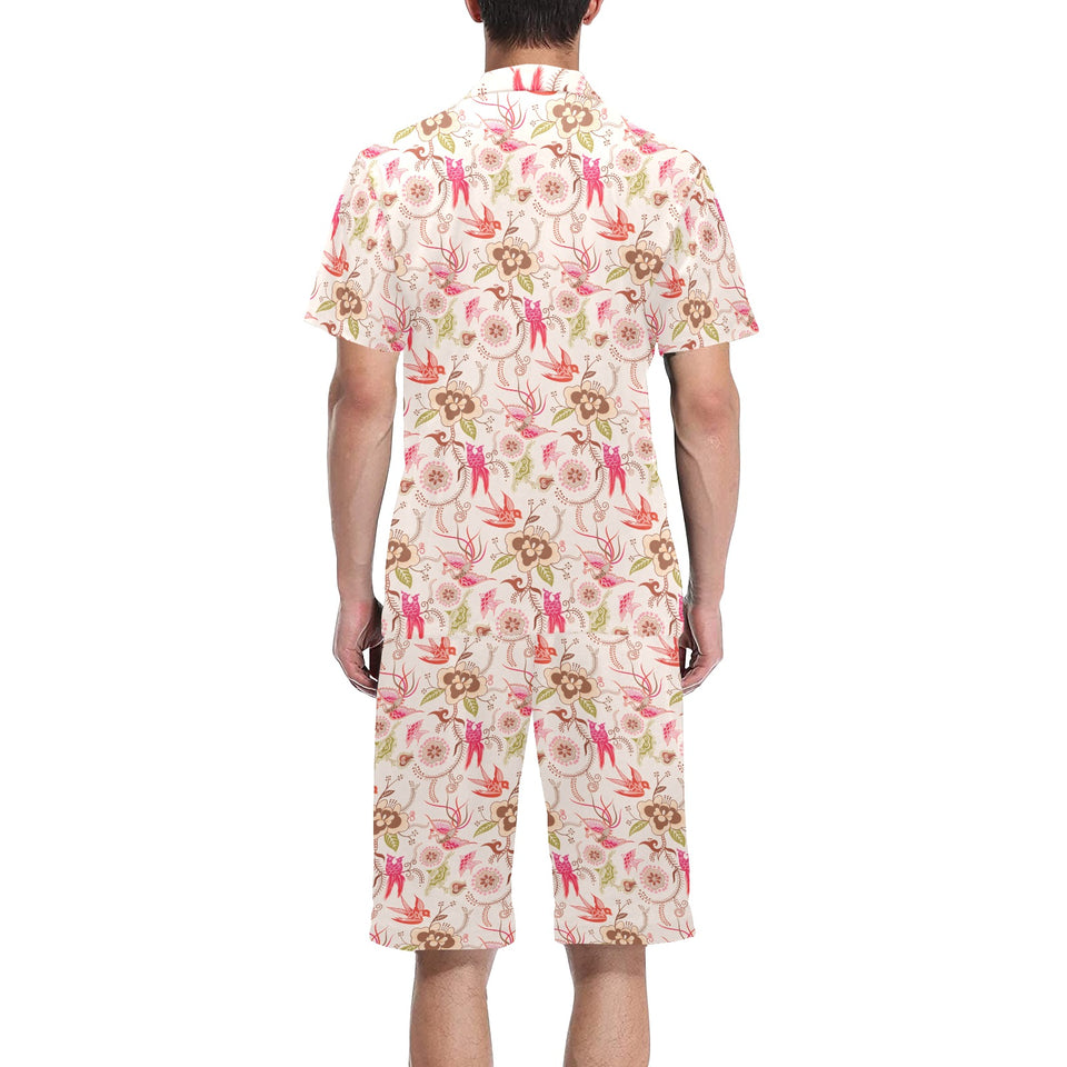 Swallow Pattern Print Design 01 Men's V-Neck Short Pajama Set