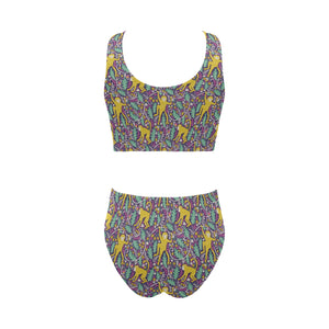 Cute yellow monkey leaves pattern Chest Bowknot High Waisted Bikini Swimsuit