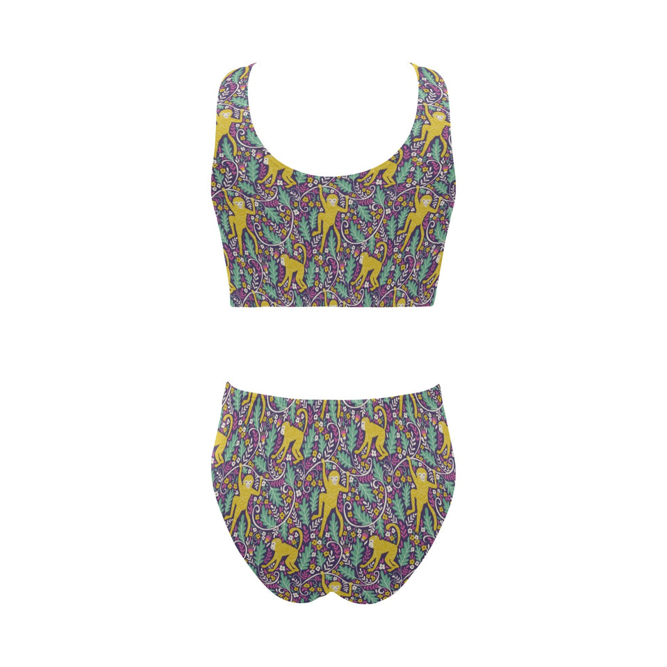Cute yellow monkey leaves pattern Chest Bowknot High Waisted Bikini Swimsuit