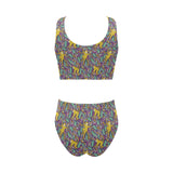 Cute yellow monkey leaves pattern Chest Bowknot High Waisted Bikini Swimsuit