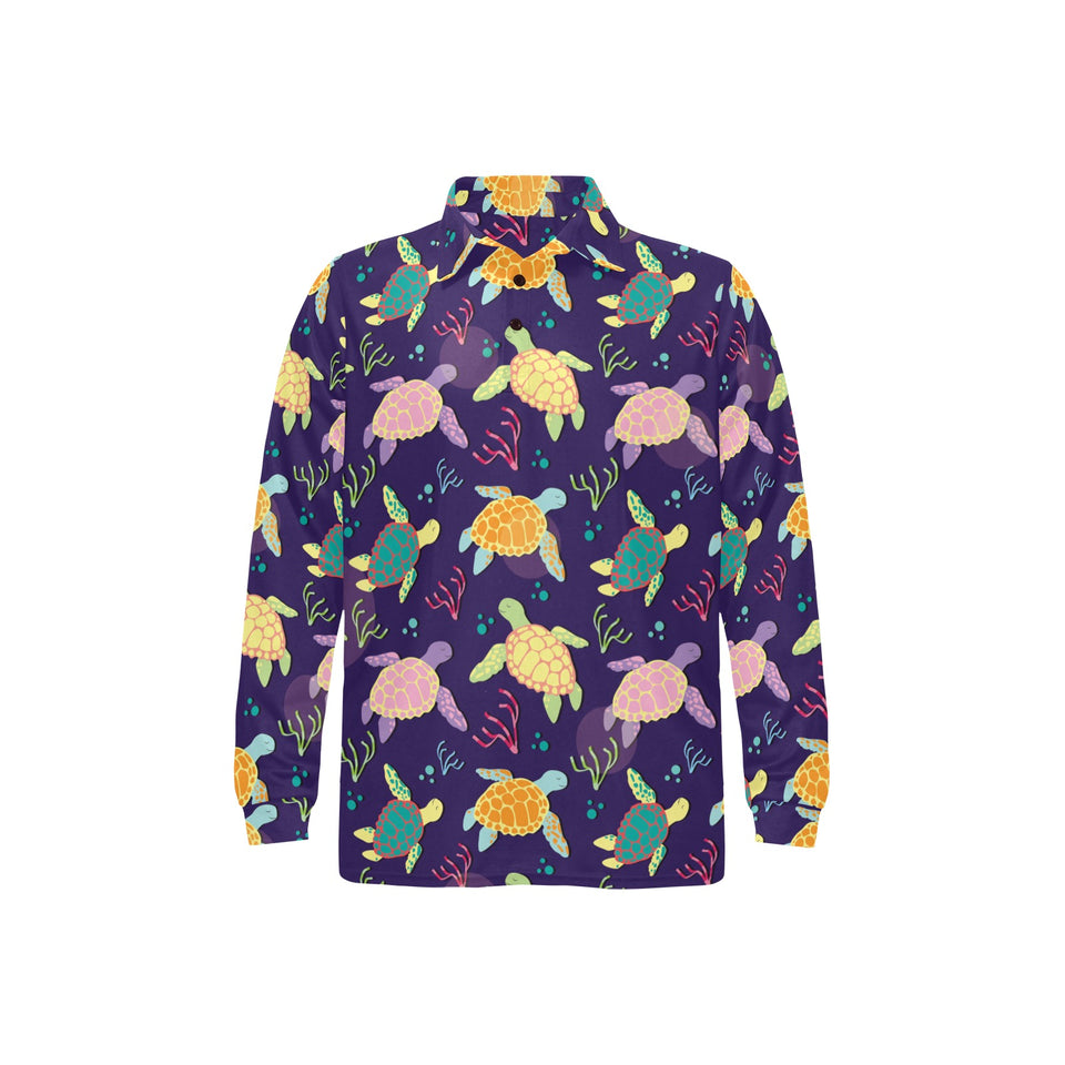 Colorful sea turtle pattern Men's Long Sleeve Polo Shirt