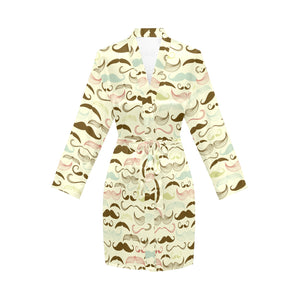 Mustache Beard Pattern Print Design 01 Women's Long Sleeve Belted Night Robe
