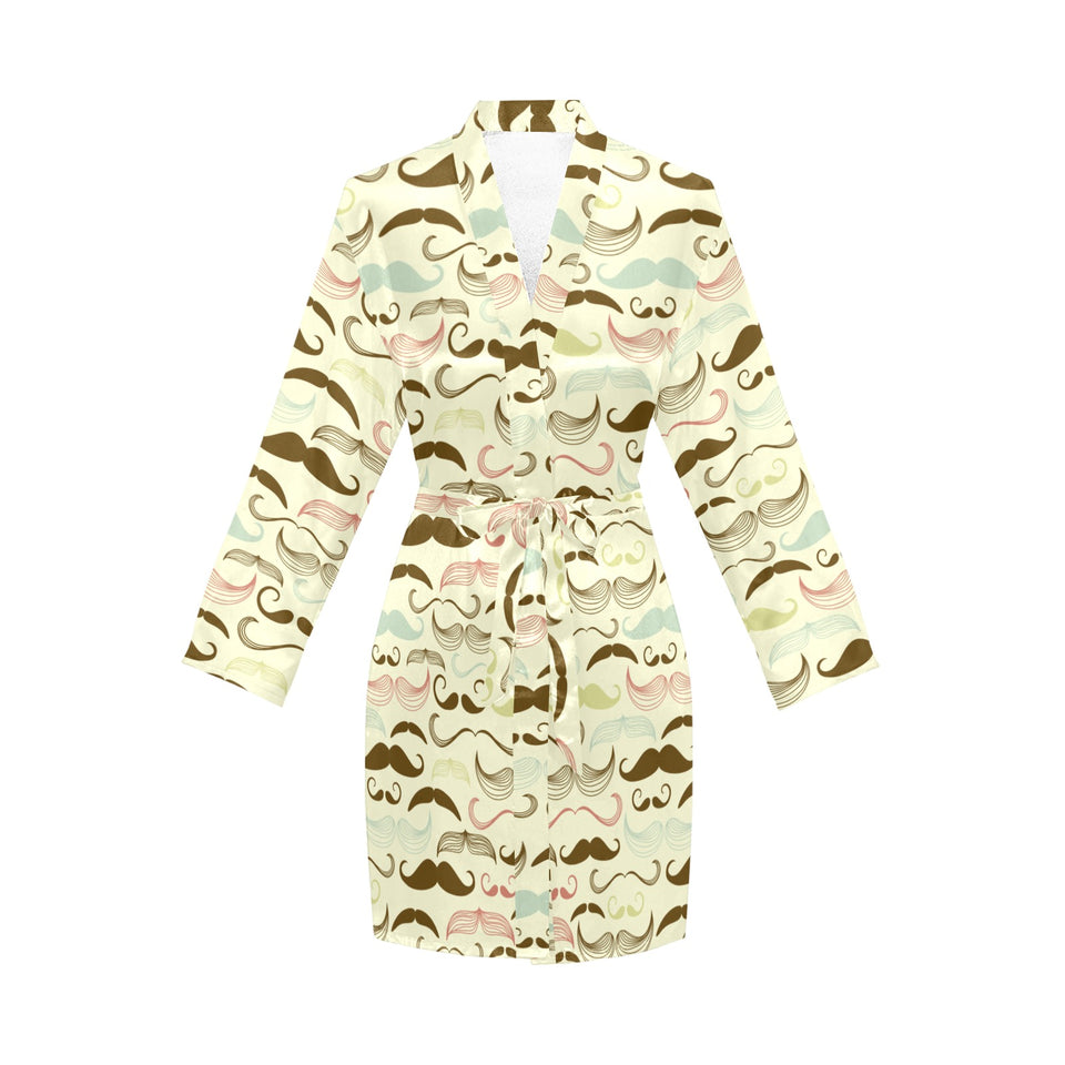 Mustache Beard Pattern Print Design 01 Women's Long Sleeve Belted Night Robe