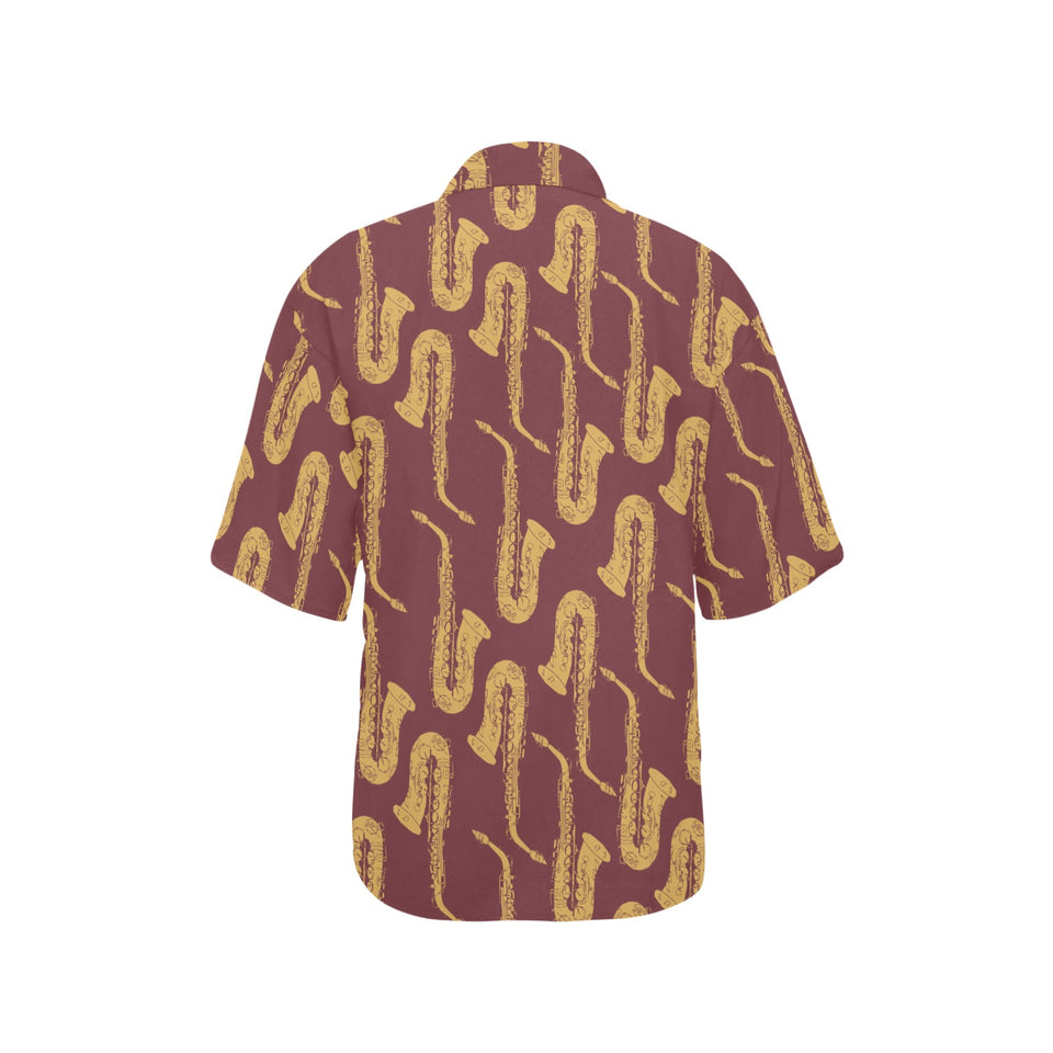 Hand drawn gold saxophone red background Women's All Over Print Hawaiian Shirt