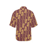 Hand drawn gold saxophone red background Women's All Over Print Hawaiian Shirt