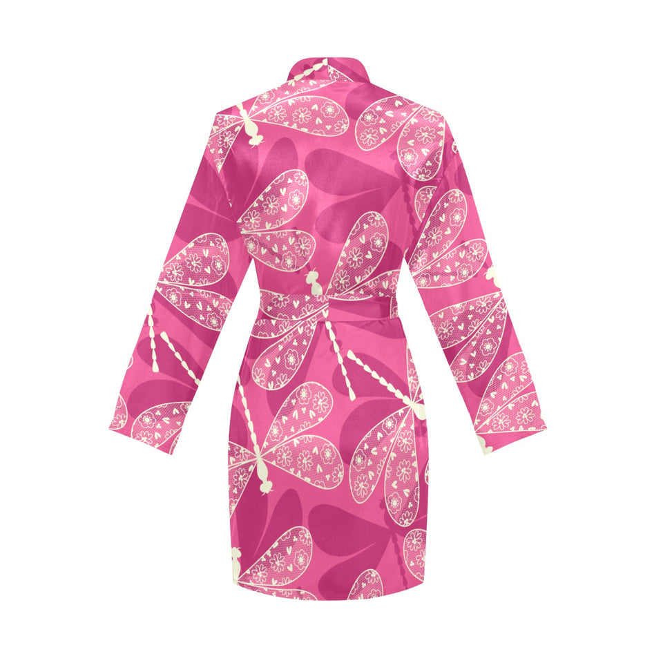 Beautiful dragonfly pink background Women's Long Sleeve Belted Night Robe