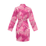 Beautiful dragonfly pink background Women's Long Sleeve Belted Night Robe