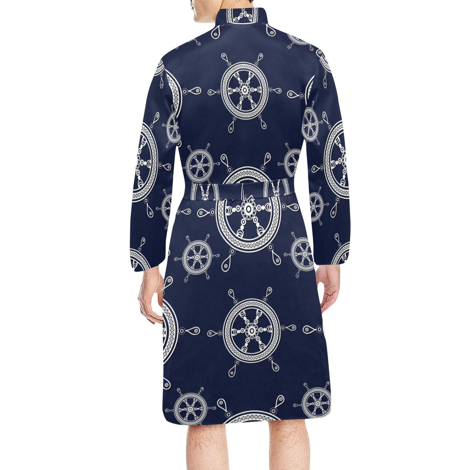 nautical steering wheel design pattern Men's Long Sleeve Belted Night Robe