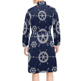 nautical steering wheel design pattern Men's Long Sleeve Belted Night Robe