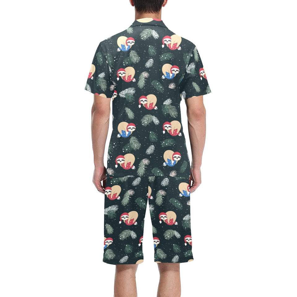 Cute sloths sleeping christmas ball santa hat patt Men's V-Neck Short Pajama Set