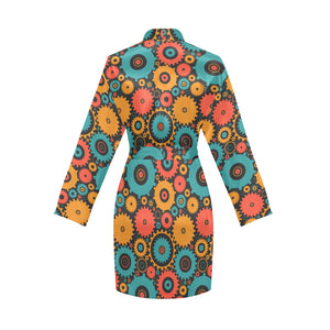 Gear Pattern Print Design 01 Women's Long Sleeve Belted Night Robe