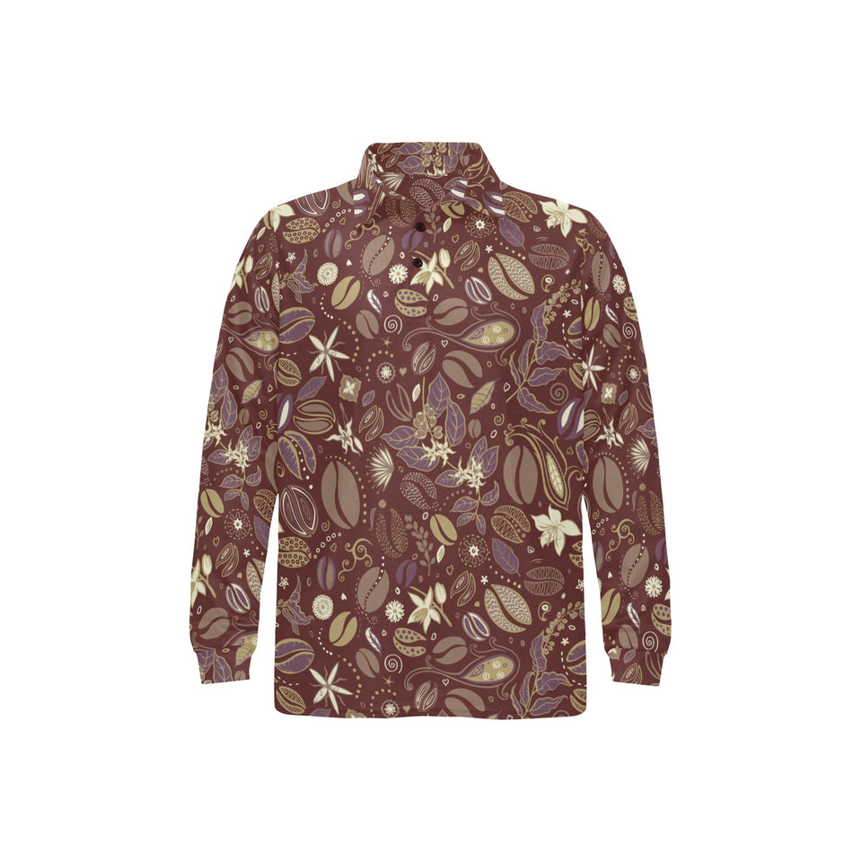 Coffee bean flower pattern Men's Long Sleeve Polo Shirt