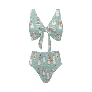 Cute snowman pattern Chest Bowknot High Waisted Bikini Swimsuit