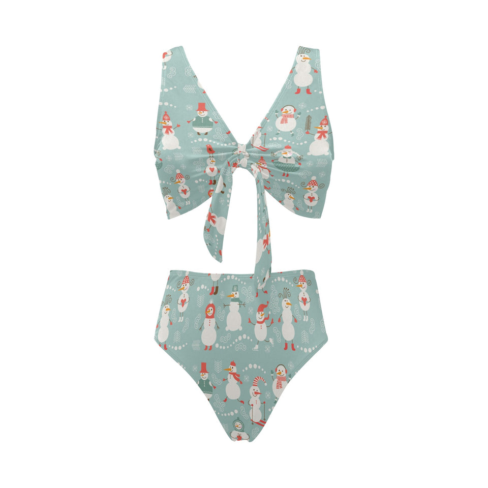 Cute snowman pattern Chest Bowknot High Waisted Bikini Swimsuit