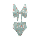 Cute snowman pattern Chest Bowknot High Waisted Bikini Swimsuit