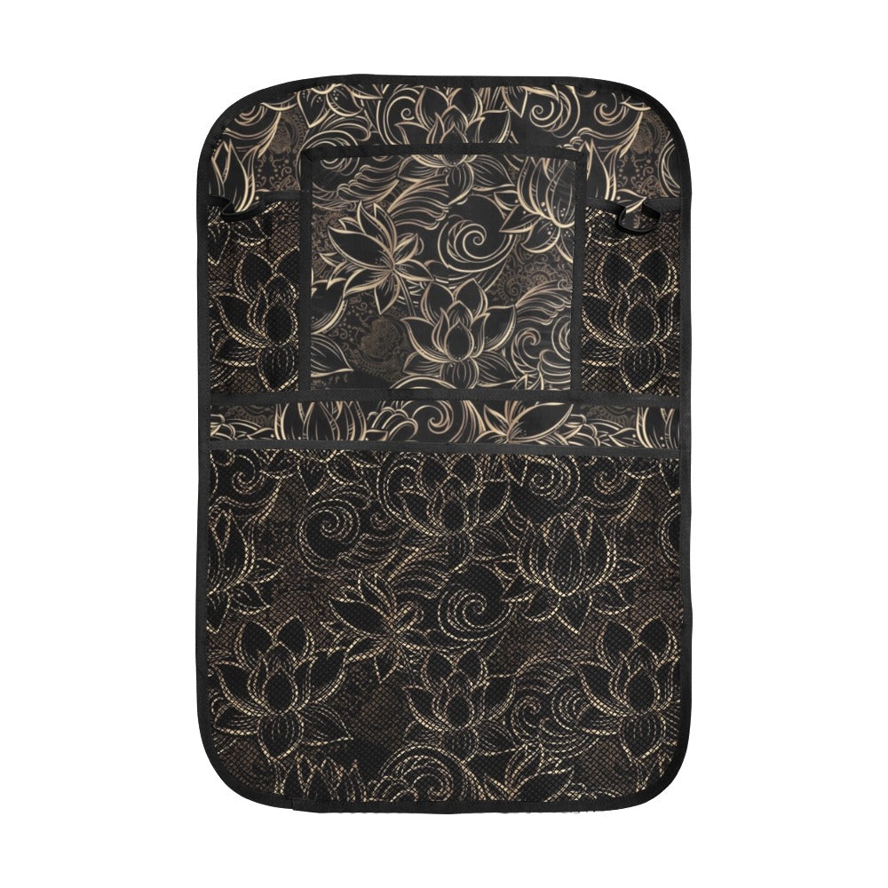 luxurious gold lotus waterlily black background Car Seat Back Organizer