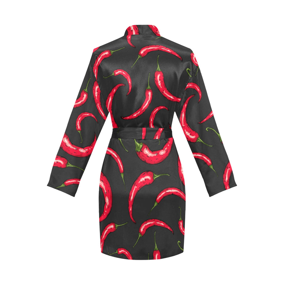Chili peppers pattern black background Women's Long Sleeve Belted Night Robe