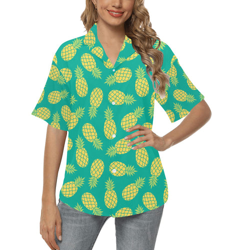 Pineapples pattern green background Women's All Over Print Hawaiian Shirt
