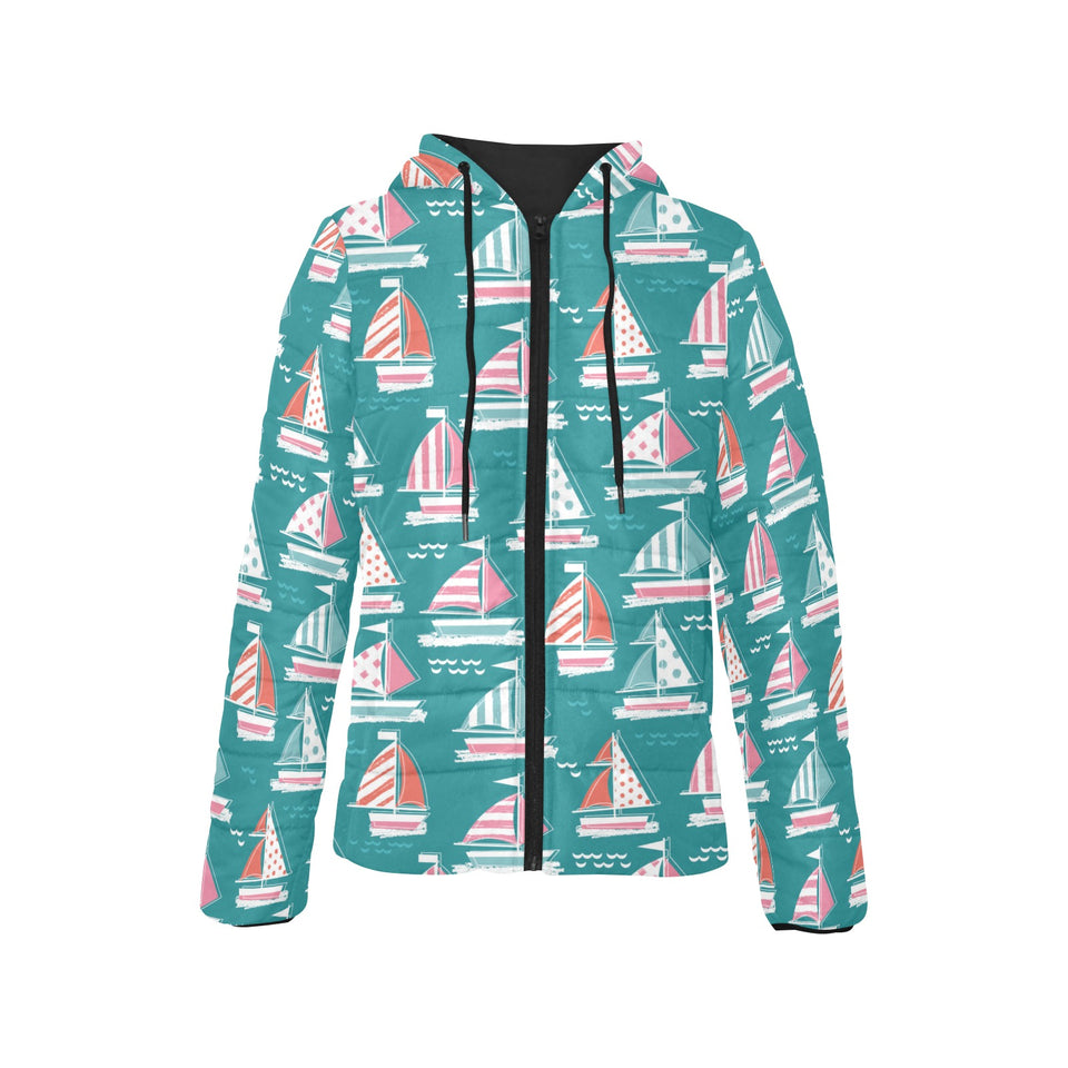 Cute sailboat pattern Women's Padded Hooded Jacket