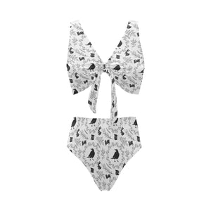 Crows floral wreath rabbit pattern Chest Bowknot High Waisted Bikini Swimsuit